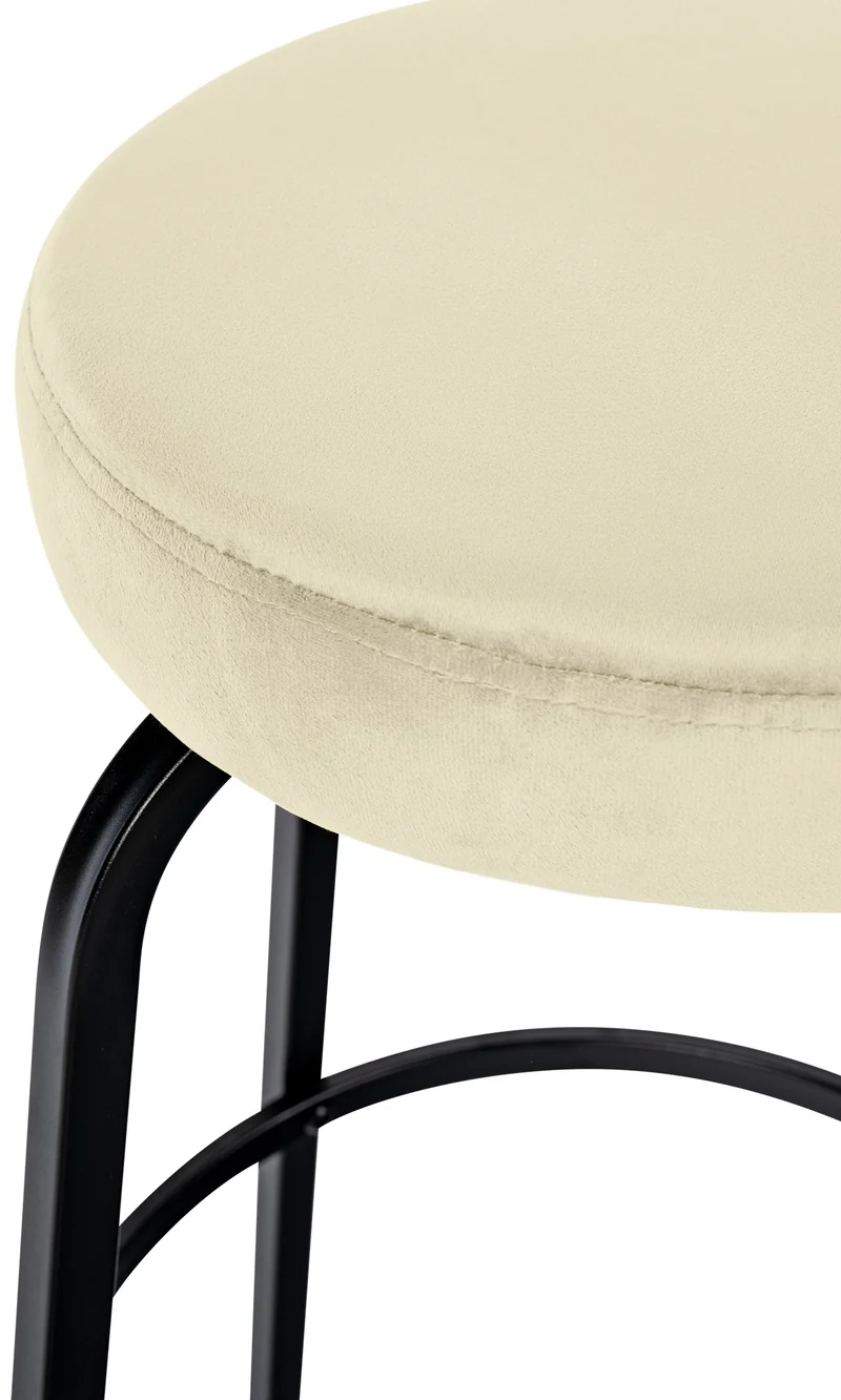 Tabouret de bar avec repose-pieds en velours crème piètement métallique noir mat à quatre pieds 10_0005809