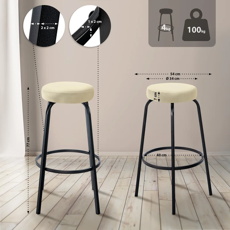 Tabouret de bar avec repose-pieds en velours crème piètement métallique noir mat à quatre pieds 10_0005809