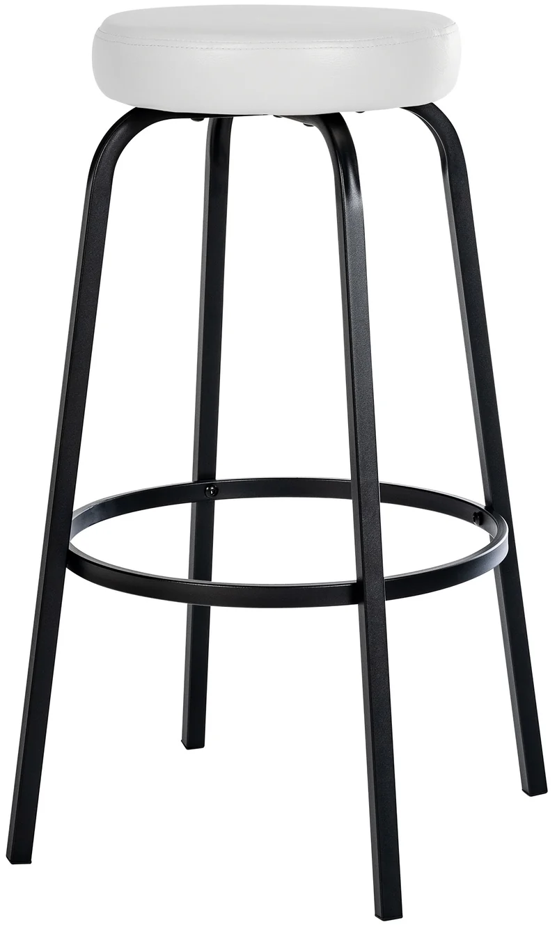 Tabouret de bar avec repose-pieds en PVC blanc piètement métallique noir mat à quatre pieds 10_0005806