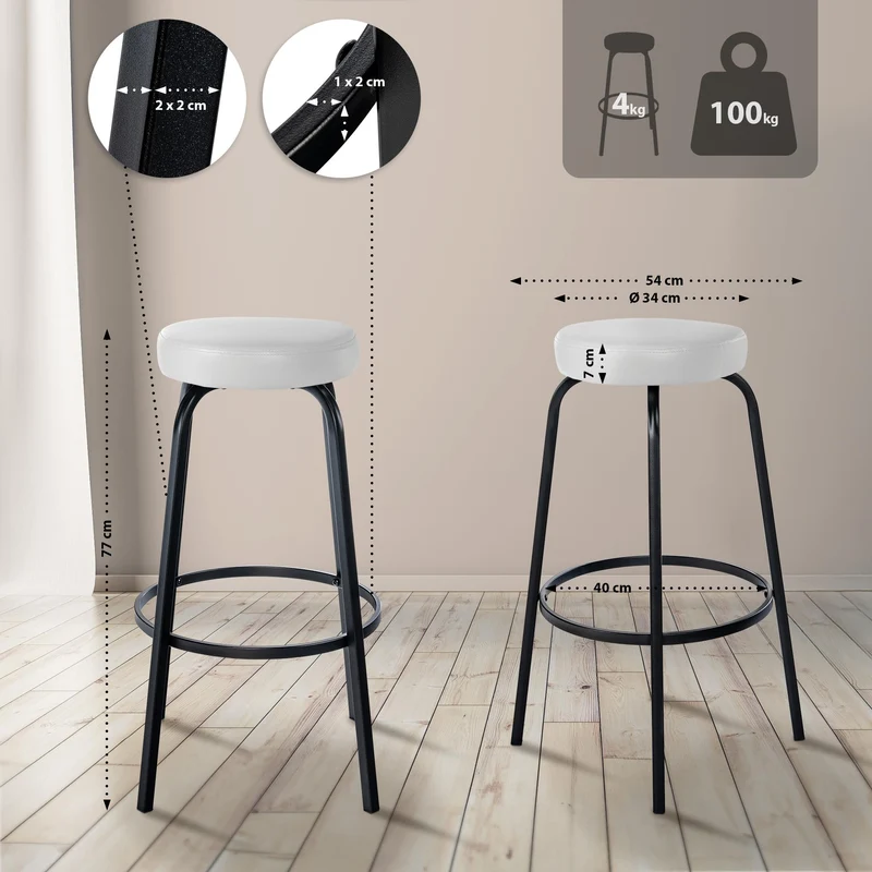Tabouret de bar avec repose-pieds en PVC blanc piètement métallique noir mat à quatre pieds 10_0005806