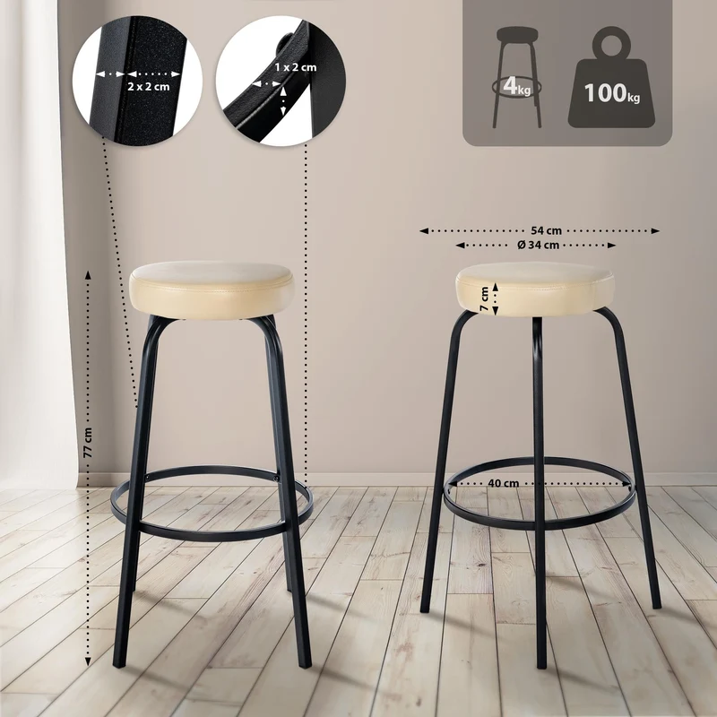 Tabouret de bar avec repose-pieds en PVC crème piètement métallique noir mat à quatre pieds 10_0005805