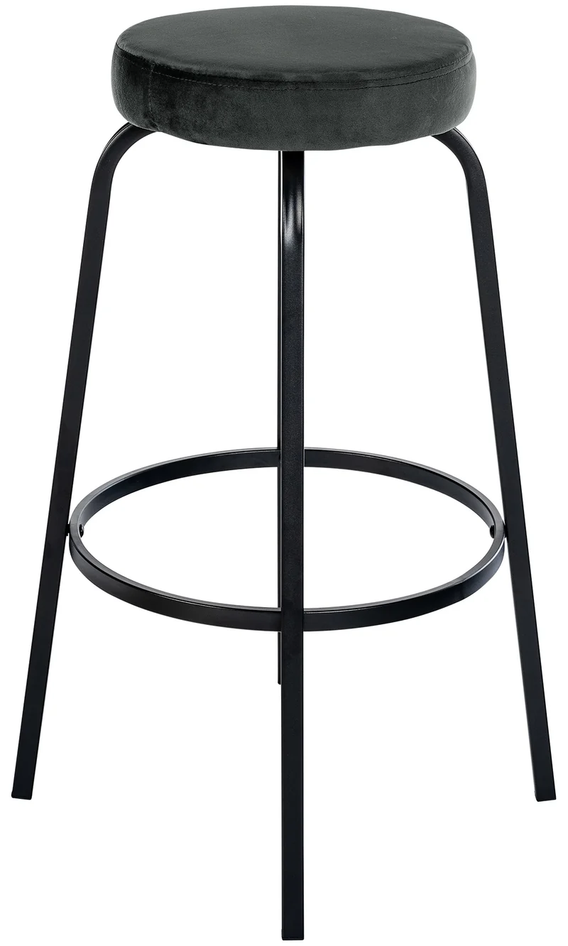 Tabouret de bar avec repose-pieds en velours gris foncé piètement métallique noir mat à quatre pieds 10_0005804