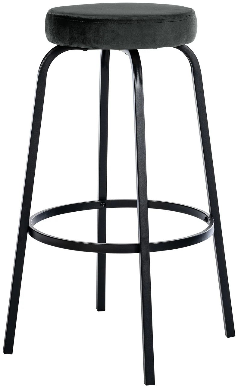 Tabouret de bar avec repose-pieds en velours gris foncé piètement métallique noir mat à quatre pieds 10_0005804