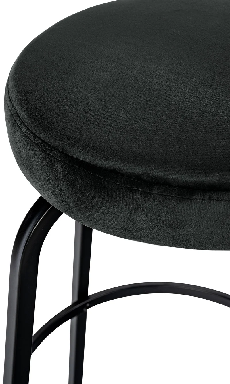 Tabouret de bar avec repose-pieds en velours gris foncé piètement métallique noir mat à quatre pieds 10_0005804