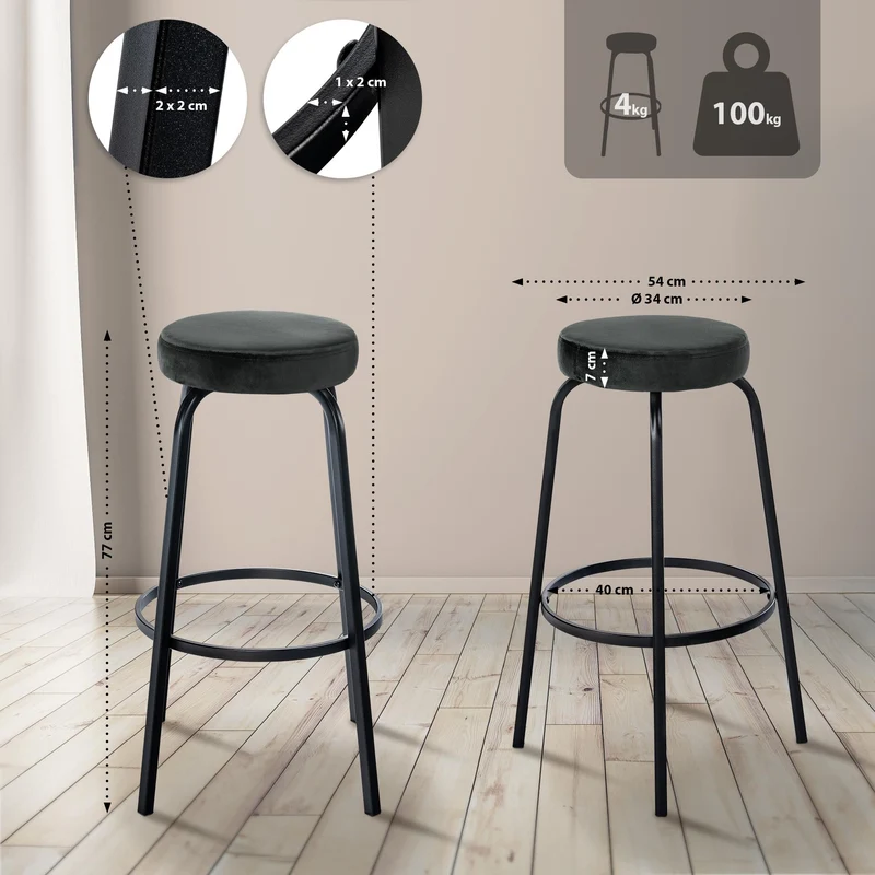 Tabouret de bar avec repose-pieds en velours gris foncé piètement métallique noir mat à quatre pieds 10_0005804