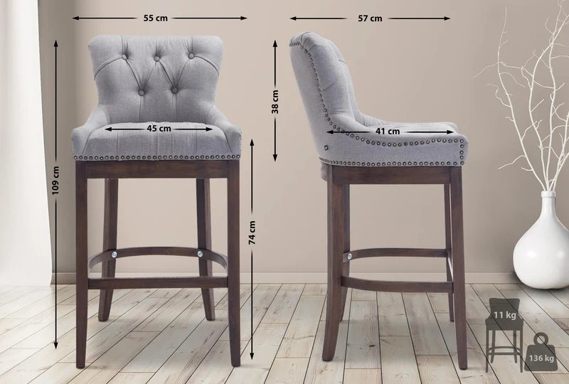 Tabouret de bar x1 confortable design rétro assise capitonné en tissu gris clair pieds en bois foncé 10_0006672