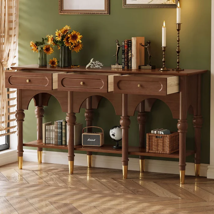 Traditional French Rubberwood Metal Plywood Arched Roman Column Console Table With 3 Drawers & 2-Tier Storage For Entryway