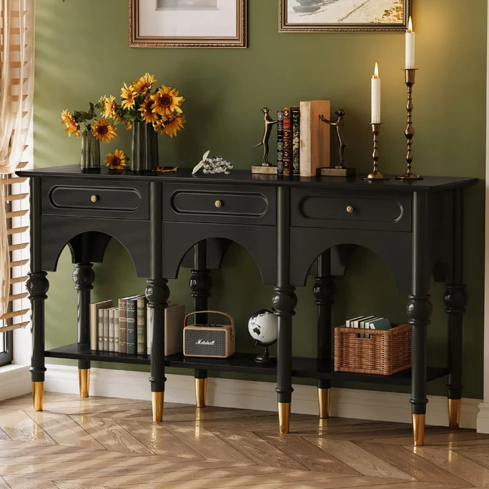 Traditional French Rubberwood Metal Plywood Arched Roman Column Console Table With 3 Drawers & 2-Tier Storage For Entryway