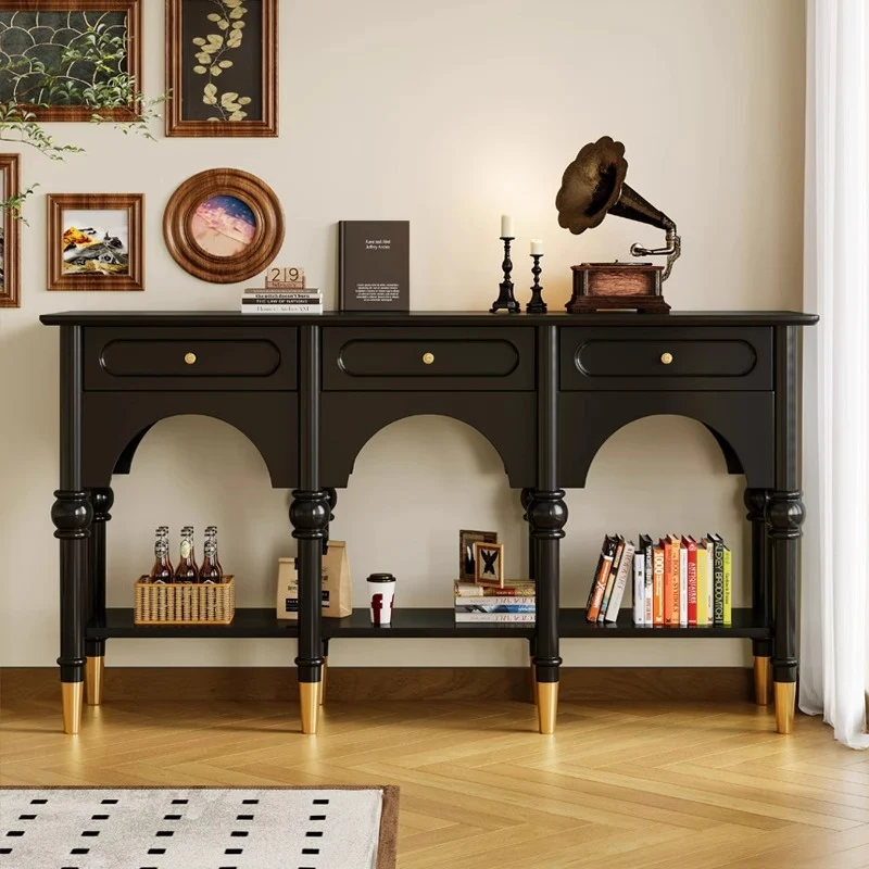 Traditional French Rubberwood Metal Plywood Arched Roman Column Console Table With 3 Drawers & 2-Tier Storage For Entryway