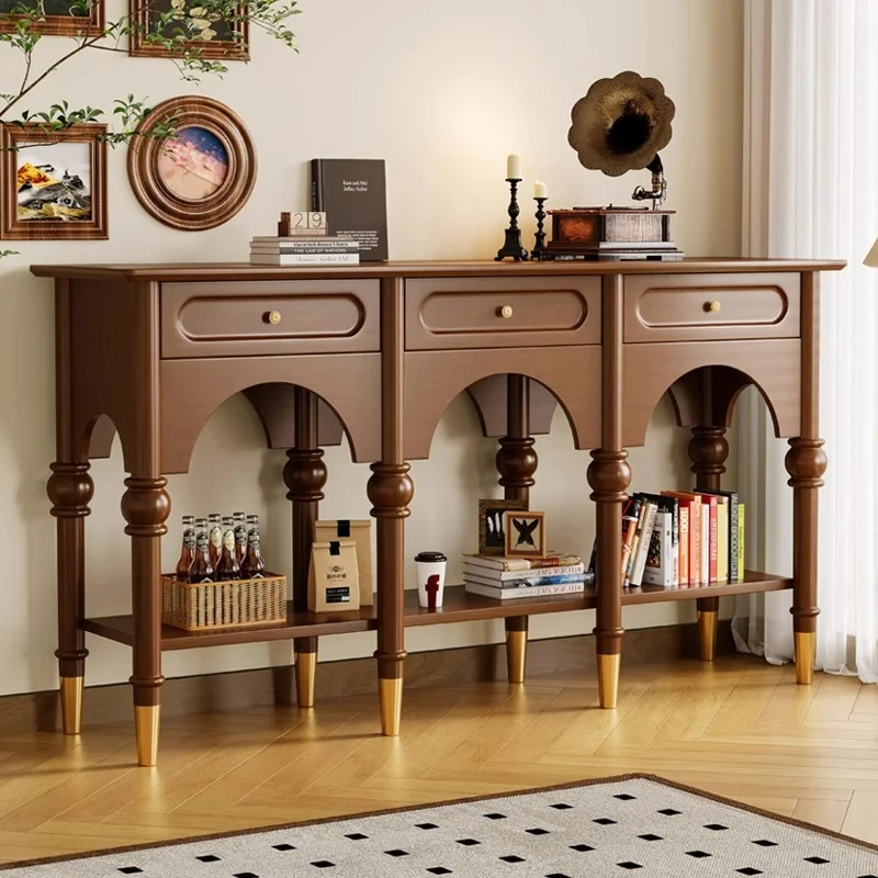 Traditional French Rubberwood Metal Plywood Arched Roman Column Console Table With 3 Drawers & 2-Tier Storage For Entryway