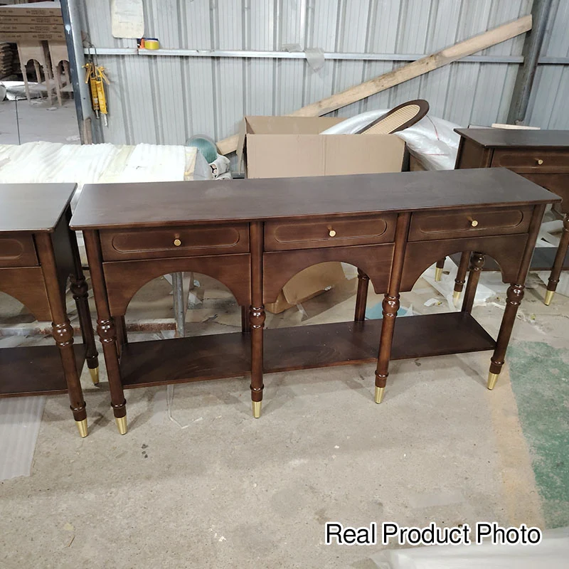 Traditional French Rubberwood Metal Plywood Arched Roman Column Console Table With 3 Drawers & 2-Tier Storage For Entryway