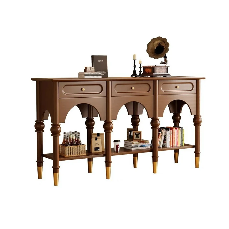 Traditional French Rubberwood Metal Plywood Arched Roman Column Console Table With 3 Drawers & 2-Tier Storage For Entryway