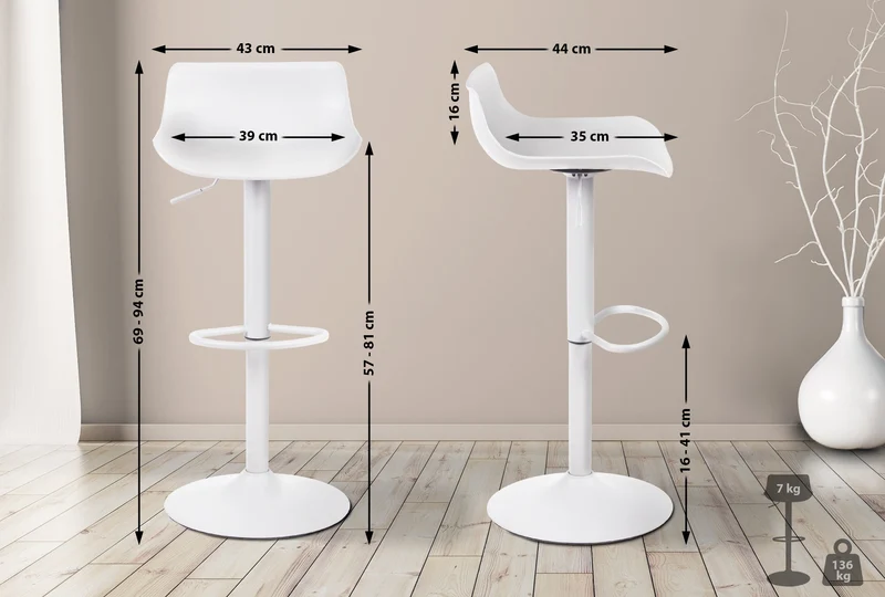 Tabouret de bar x1 avec repose-pieds cadre en métal blanc assise plastique blanc 10_0005592