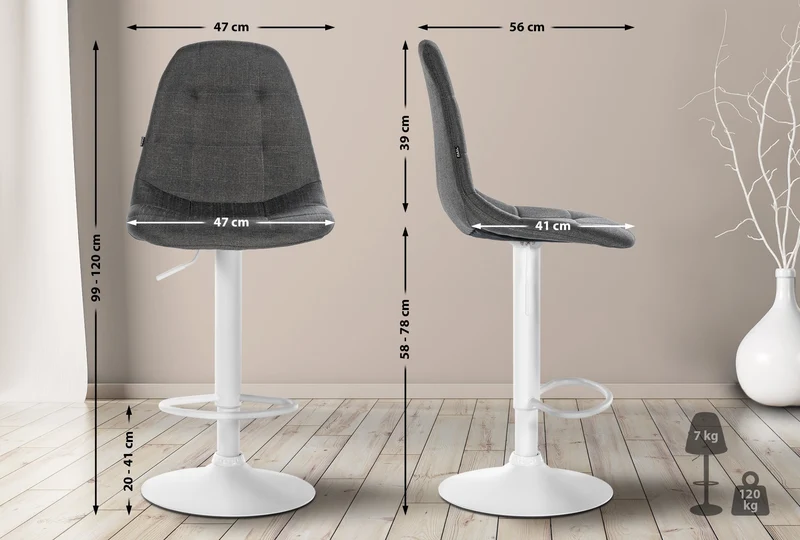 Tabouret de bar chaise haute x1 assise en tissu gris foncé cadre métal blanc 10_0005614