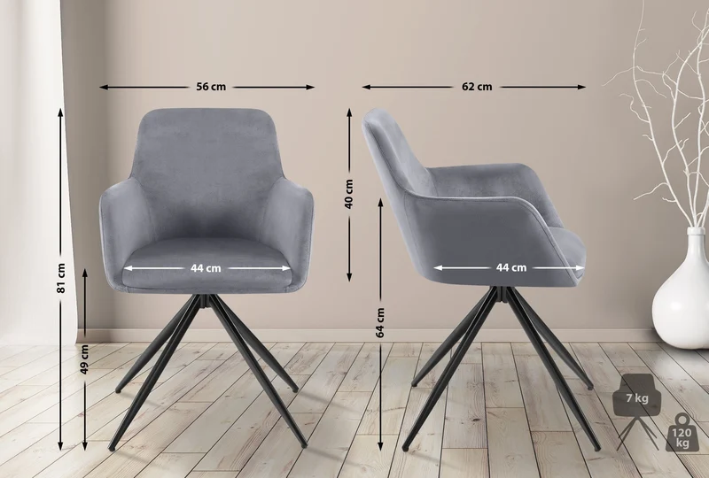 Chaise de salle à manger x1 rotation à 180 degrés de l'assise en velours gris foncé et métal 10_0005836