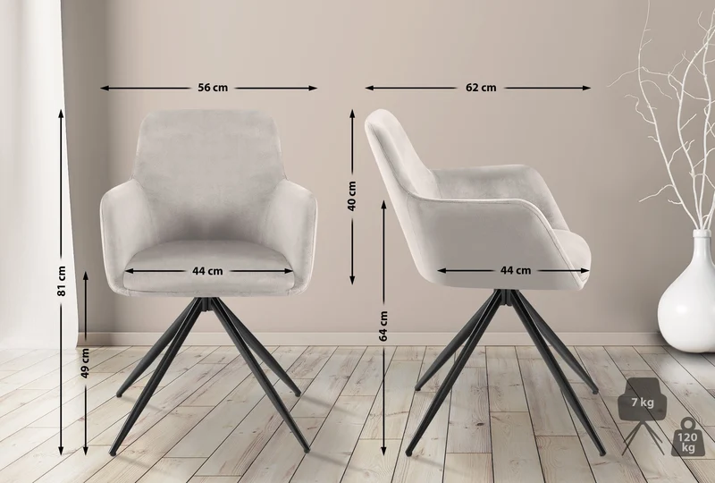 Chaise de salle à manger x1 rotation à 180 degrés de l'assise en velours gris et métal 10_0005788