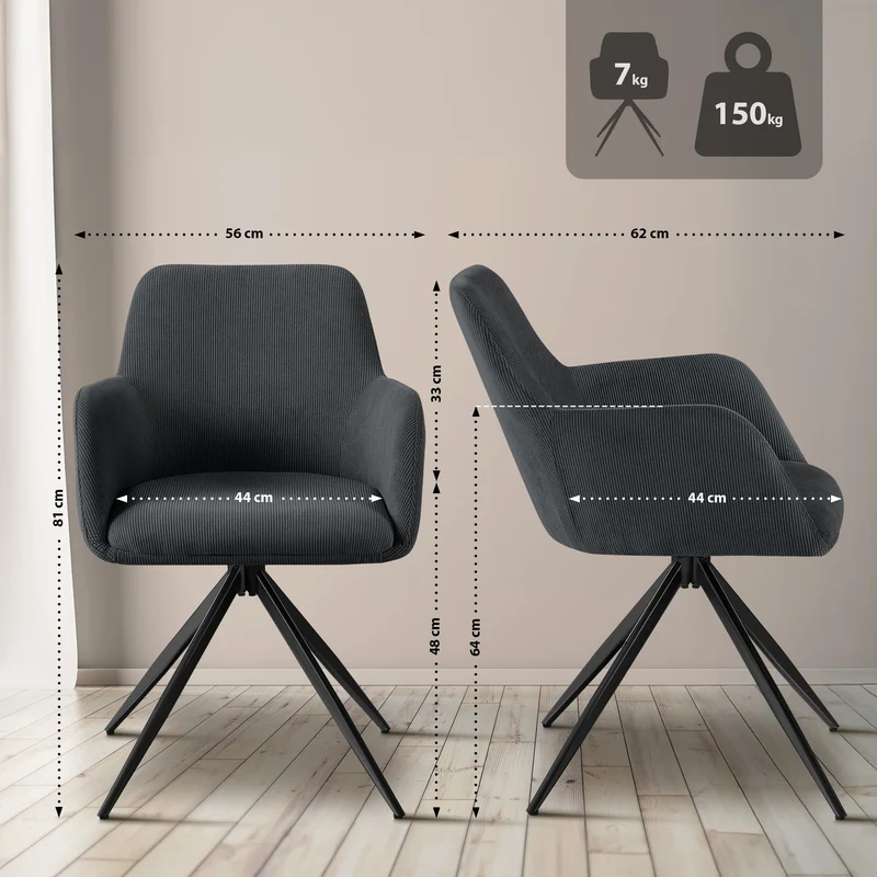 Chaise contemporaine de salle à manger x1 en velours côtelé noir pivotante 180° avec accoudoirs 10_0005552