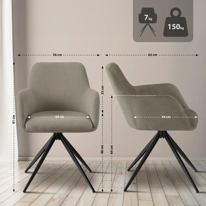 Chaise contemporaine de salle à manger x1 en velours côtelé taupe pivotante 180° avec accoudoirs 10_0005550