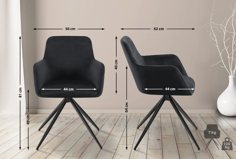 Chaise de salle à manger x1 rotation à 180 degrés de l'assise en velours noir et métal 10_0005548
