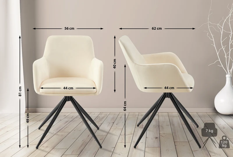 Chaise de salle à manger x1 rotation à 180 degrés de l'assise en velours crème et métal 10_0005547