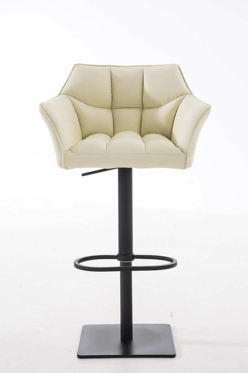 Tabouret de bar chaise haute de comptoir couture carrées assise en PVC crème cadre en métal blanc 10_0004675