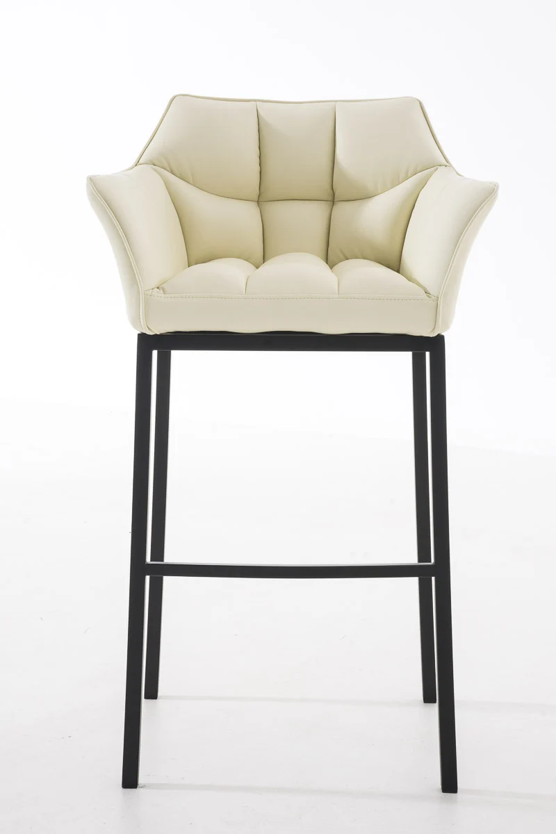 Tabouret de bar chaise haute de comptoir couture carrées assise en PVC crème 4 pieds stables en métal noir 10_0004685