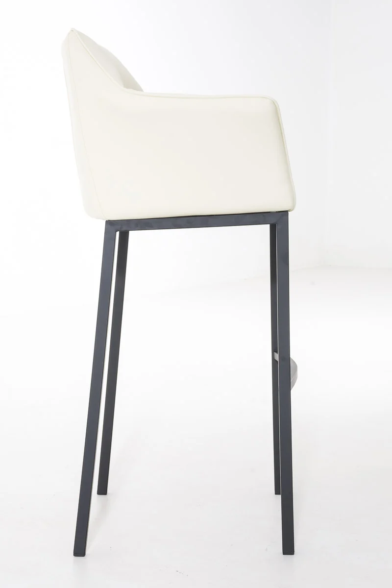Tabouret de bar chaise haute de comptoir couture carrées assise en PVC crème 4 pieds stables en métal noir 10_0004685