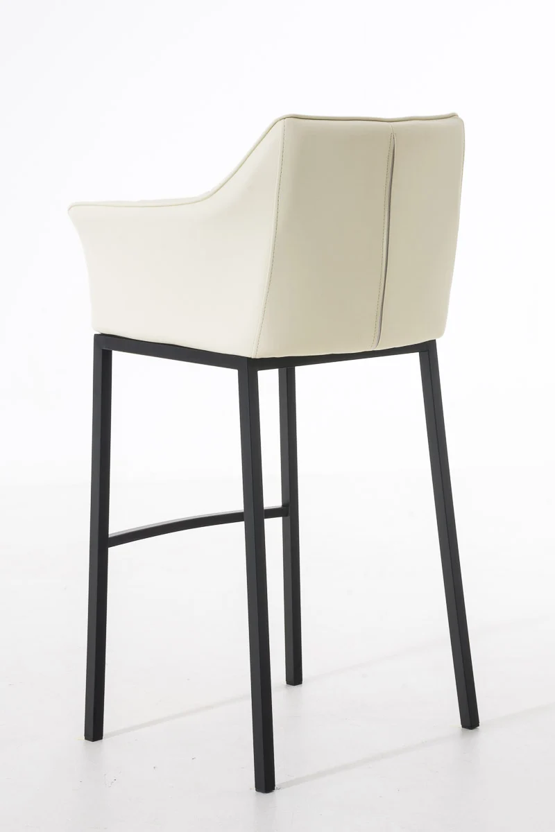 Tabouret de bar chaise haute de comptoir couture carrées assise en PVC crème 4 pieds stables en métal noir 10_0004685