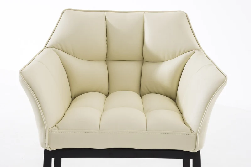 Tabouret de bar chaise haute de comptoir couture carrées assise en PVC crème 4 pieds stables en métal noir 10_0004685