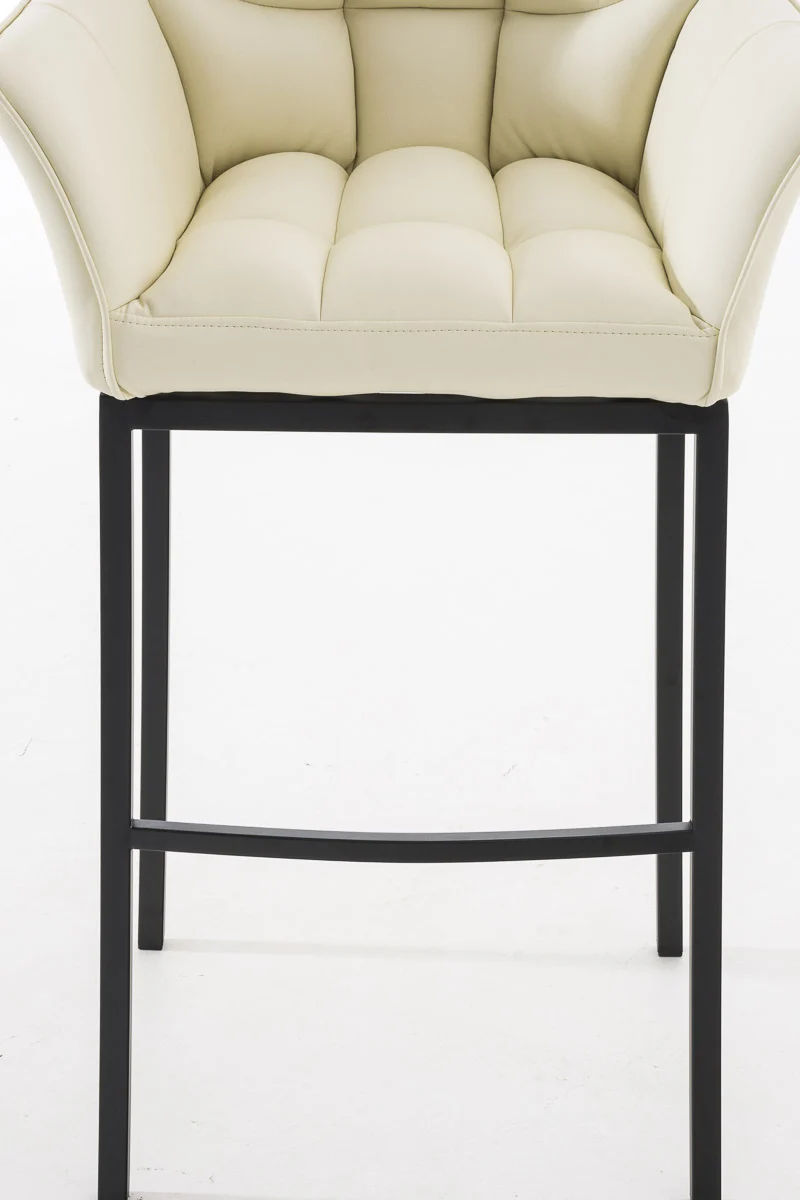 Tabouret de bar chaise haute de comptoir couture carrées assise en PVC crème 4 pieds stables en métal noir 10_0004685