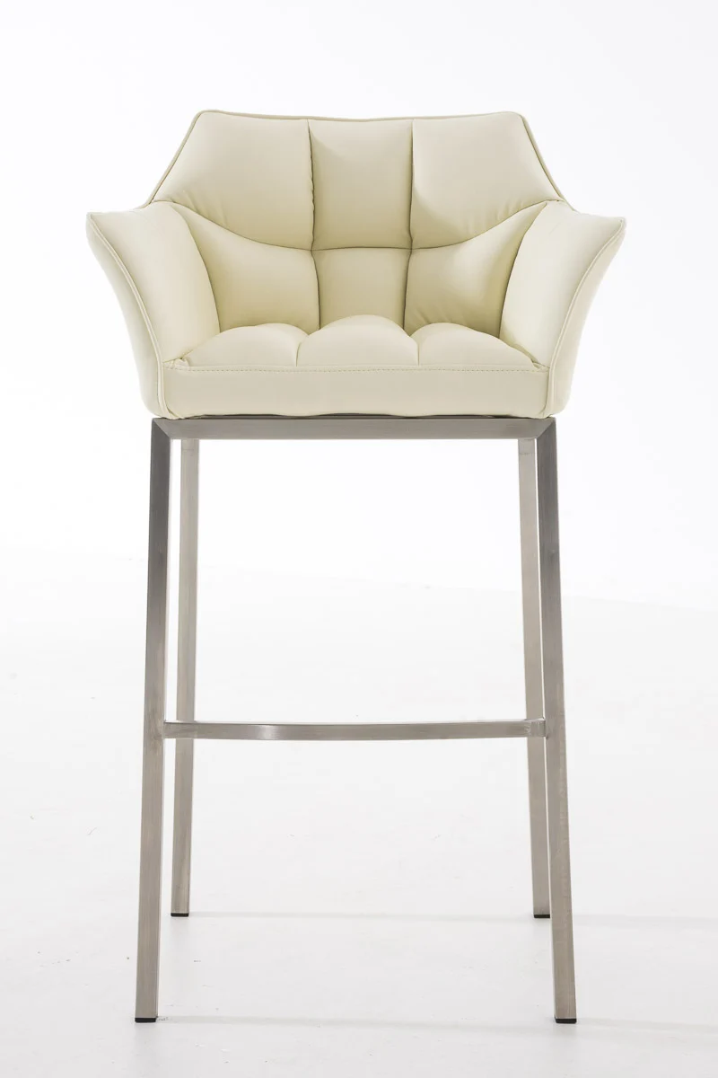 Tabouret de bar chaise haute de comptoir couture carrées assise en PVC crème 4 pieds stables en acier inoxydable 10_0004714