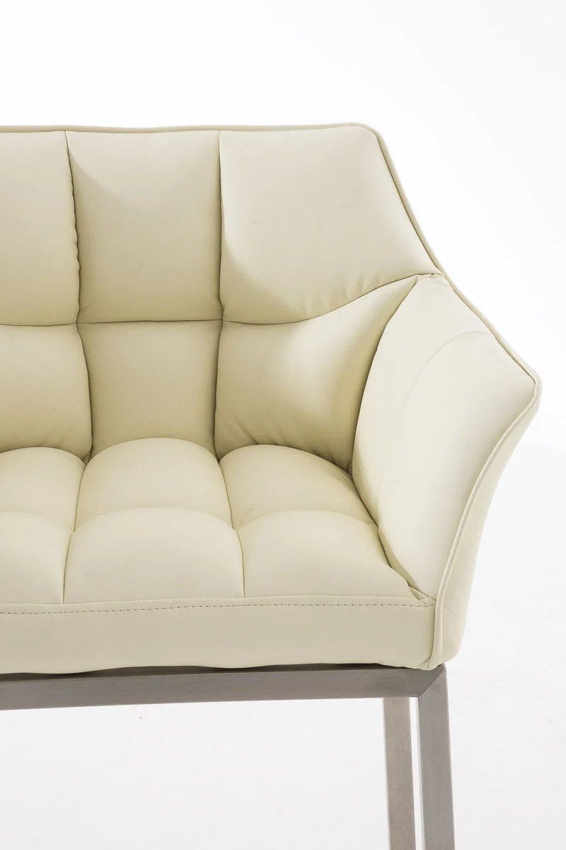 Tabouret de bar chaise haute de comptoir couture carrées assise en PVC crème 4 pieds stables en acier inoxydable 10_0004714