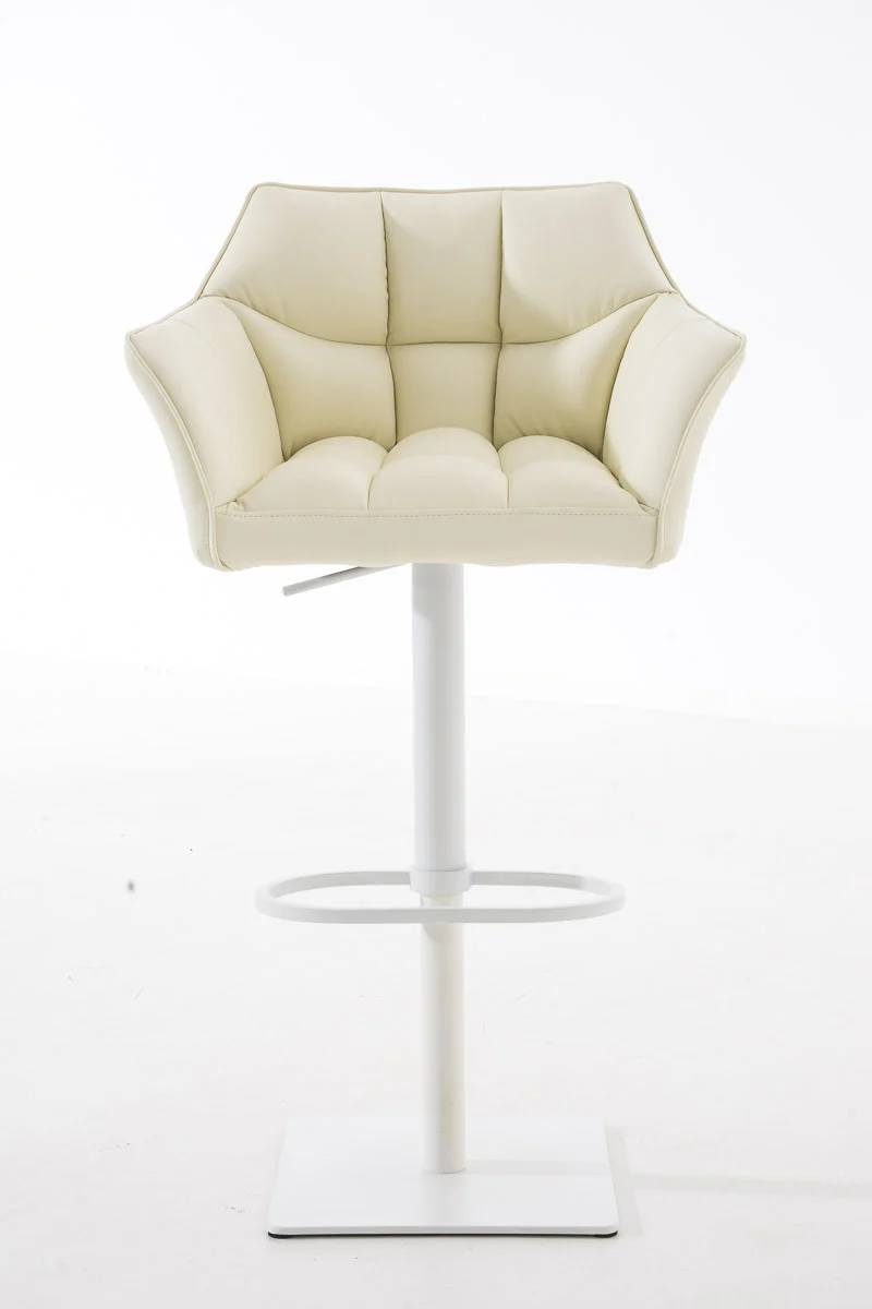 Tabouret de bar chaise haute de comptoir couture carrées assise en PVC crème cadre carré en métal blanc 10_0004737