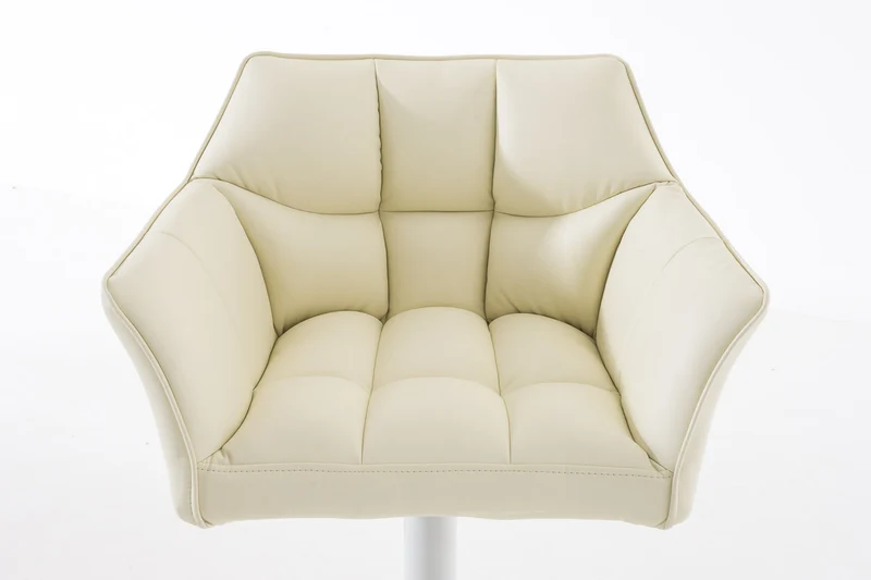 Tabouret de bar chaise haute de comptoir couture carrées assise en PVC crème cadre carré en métal blanc 10_0004737