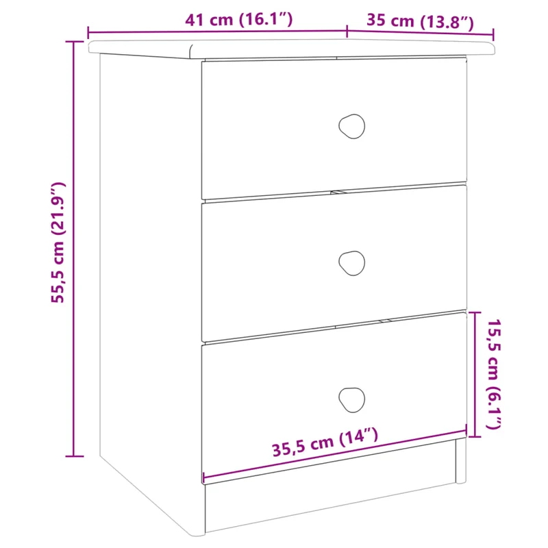 Table de chevet avec 3 tiroirs 41 x 35 x 55,5 cm bois de pin massif non traité DEC033082