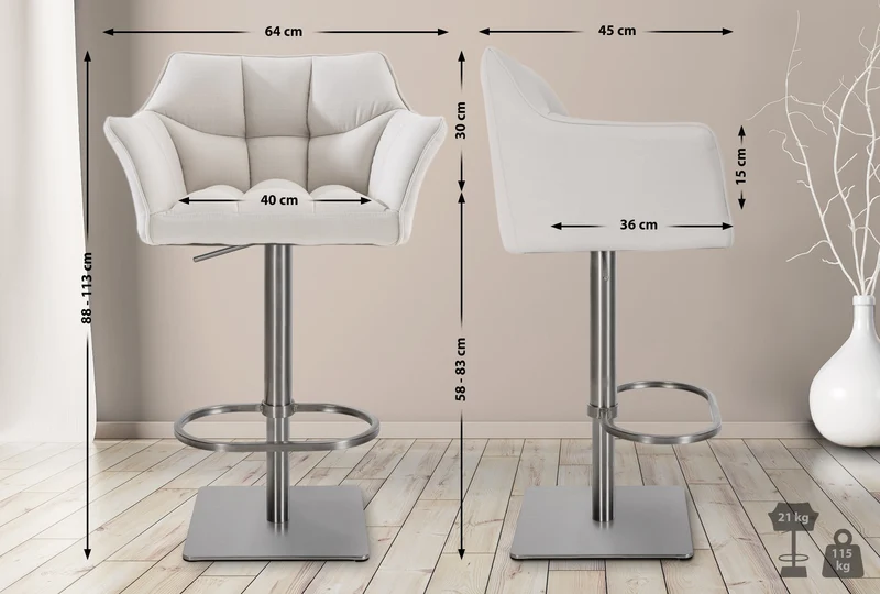 Tabouret de bar x1 réglable en tissu blanc assise enveloppante capitonnée avec base carrée en acier inoxydable 10_0006606