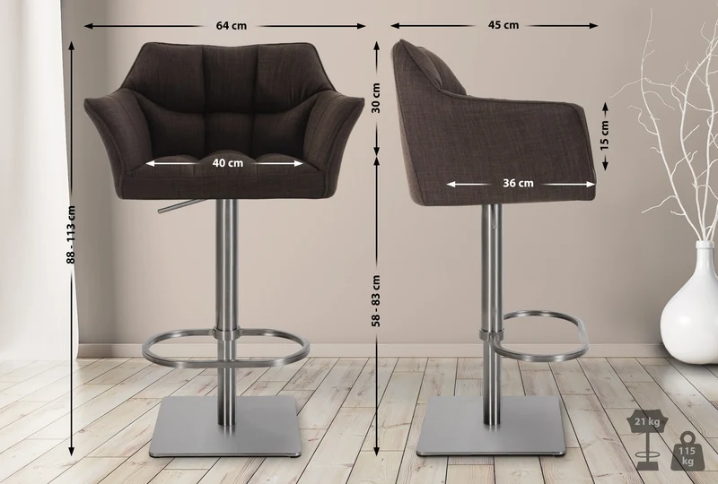 Tabouret de bar x1 réglable en tissu marron assise enveloppante capitonnée avec base carrée en acier inoxydable 10_0006546