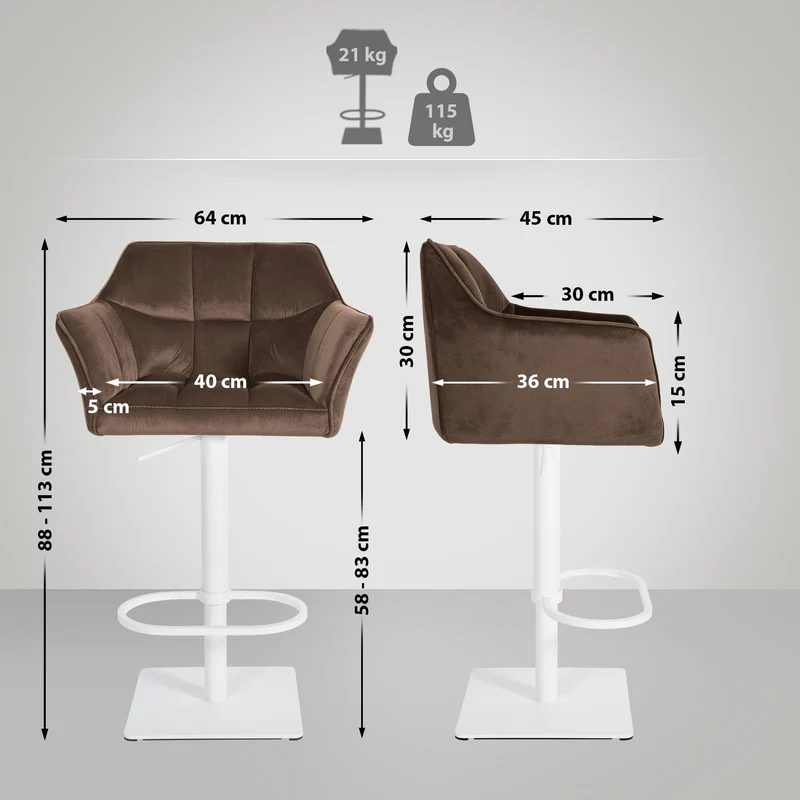 Tabouret de bar x1 réglable en velours marron assise enveloppante capitonnée avec base carrée en métal blanc 10_0006461