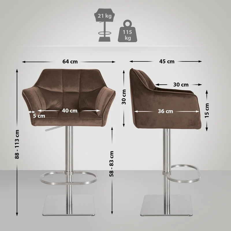 Tabouret de bar x1 réglable en velours marron assise enveloppante capitonnée avec base carrée en acier inoxydable 10_0006459