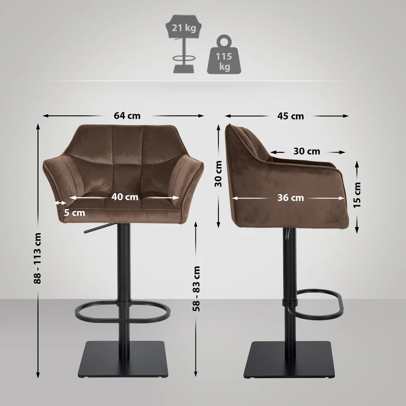 Tabouret de bar x1 réglable en velours marron assise enveloppante capitonnée avec base carrée en métal noir 10_0006457