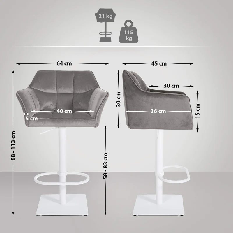 Tabouret de bar x1 réglable en velours gris assise enveloppante capitonnée avec base carrée en métal blanc 10_0006309