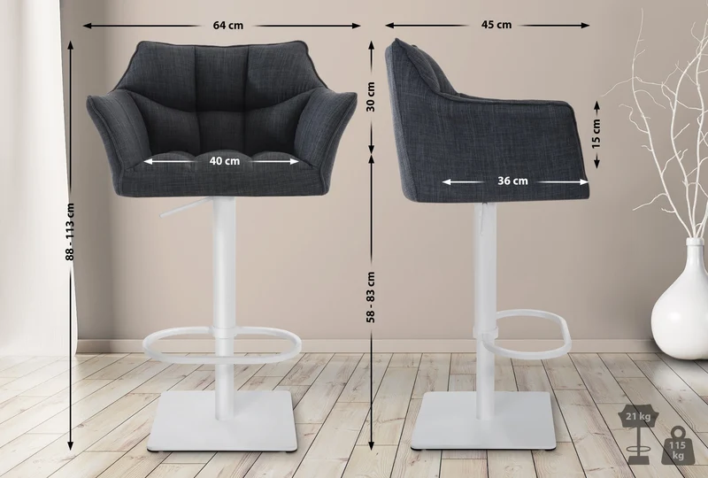 Tabouret de bar x1 réglable en tissu gris foncé assise enveloppante capitonnée avec base carrée en métal blanc 10_0006308
