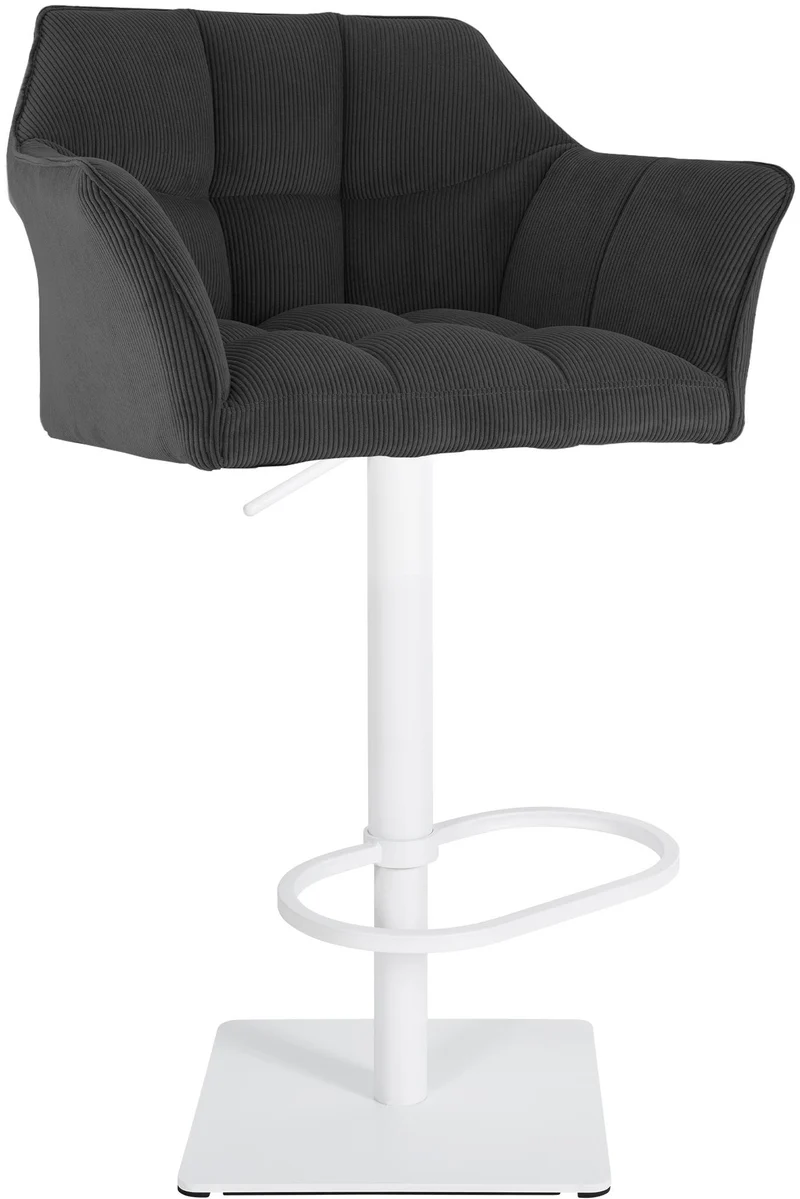 Tabouret de bar x1 réglable en velours côtelé gris foncé assise enveloppante capitonnée avec base carrée en métal blanc 10_0006307