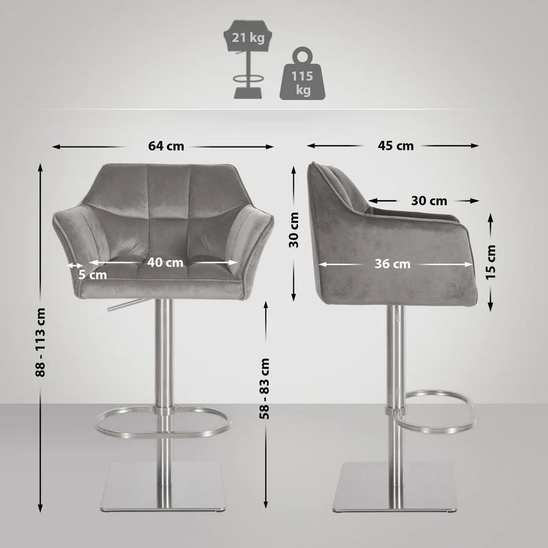 Tabouret de bar x1 réglable en velours gris assise enveloppante capitonnée et avec base carrée en acier inoxydable 10_0006063