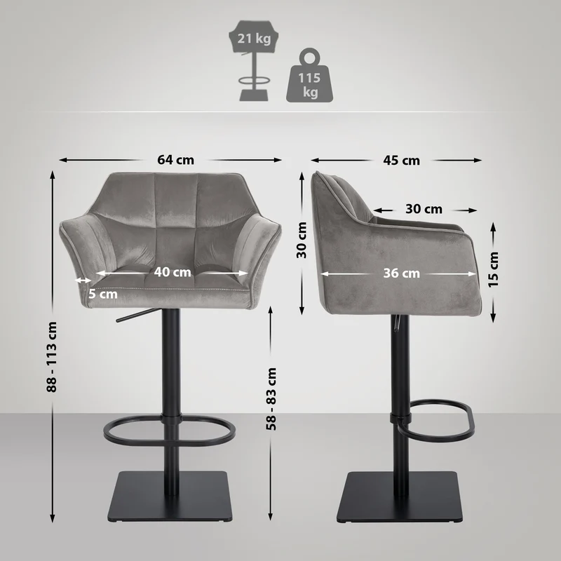 Tabouret de bar x1 réglable en velours gris assise enveloppante capitonnée et avec base carrée en métal noir 10_0006061