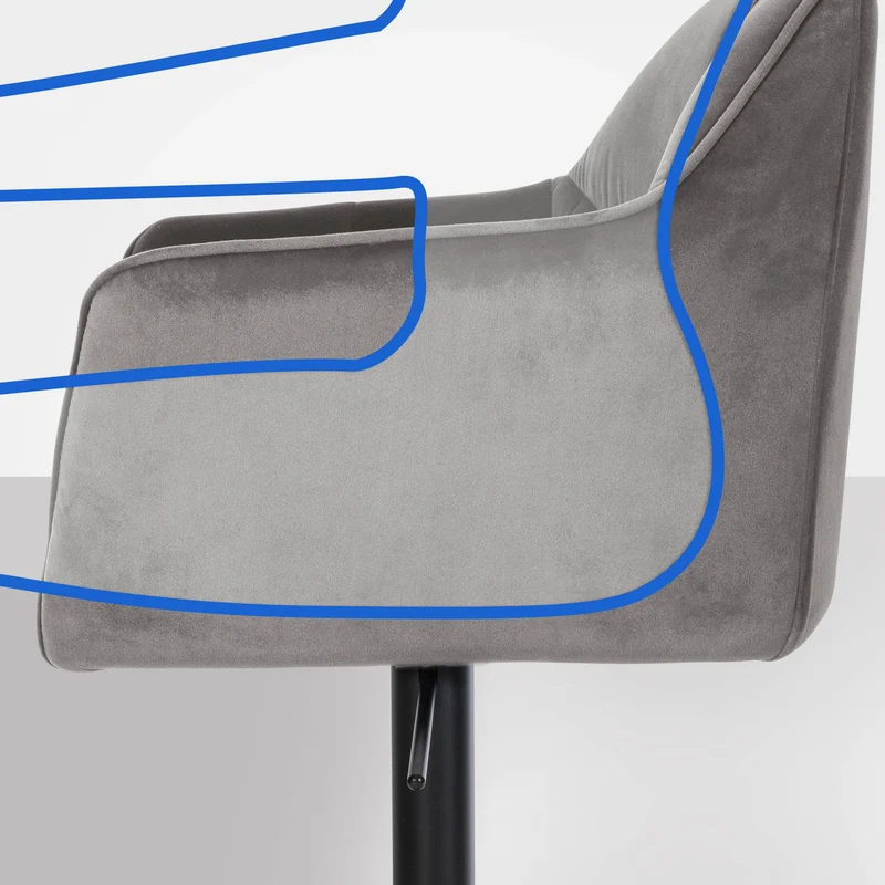 Tabouret de bar x1 réglable en velours gris assise enveloppante capitonnée et avec base carrée en métal noir 10_0006061