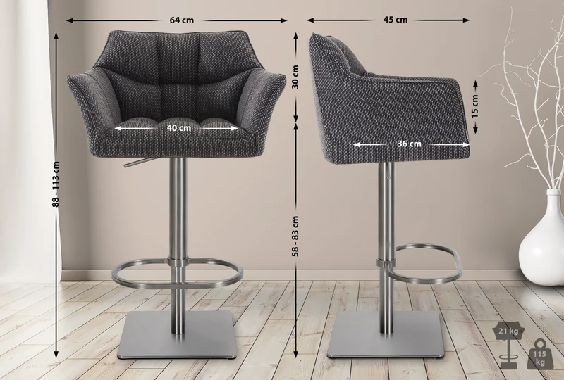 Tabouret de bar x1 réglable en velours côtelé gris assise enveloppante capitonnée et avec base carrée en acier inoxydable 10_0005999