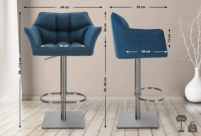 Tabouret de bar x1 réglable en tissu bleu assise enveloppante capitonnée et avec base carrée en en acier inoxydable 10_0005928