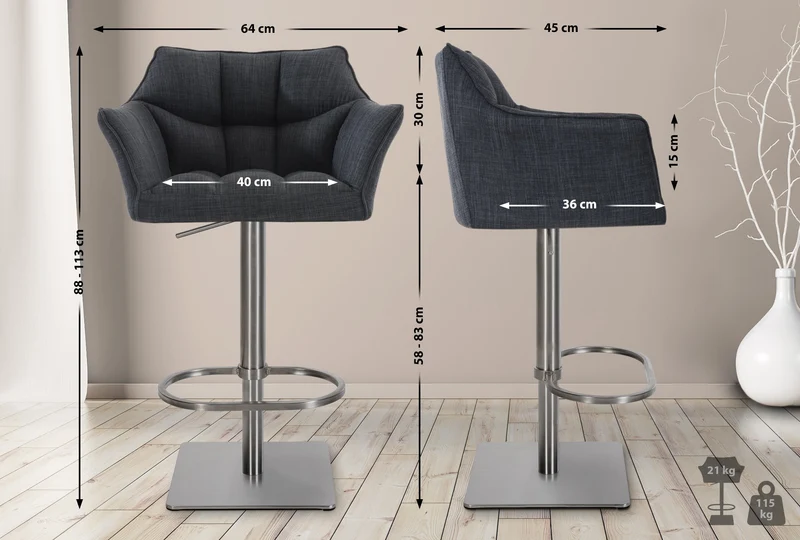 Tabouret de bar x1 réglable en tissu gris foncé assise enveloppante capitonnée et avec base carrée en acier inoxydable 10_0005618