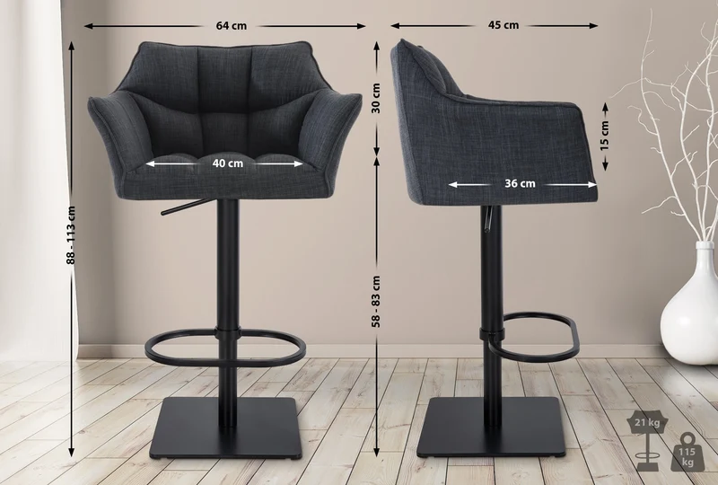 Tabouret de bar x1 réglable en tissu gris foncé assise enveloppante capitonnée et avec base carrée en métal noir 10_0005617